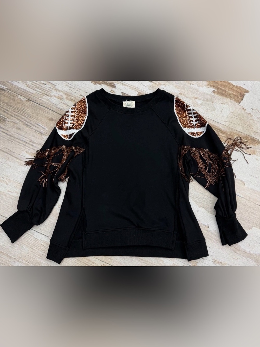 Fantastic Fawn Football Sequin metal Fringe Sweatshirt Size S Boutique